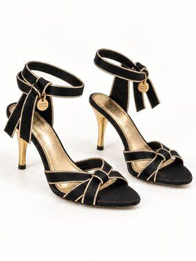 Karen Millen Black Gold Bow Ankle Strap Heels Evening Sandals EU 38.5
